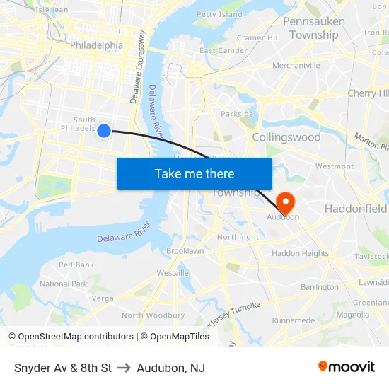 Snyder Av & 8th St to Audubon, NJ map