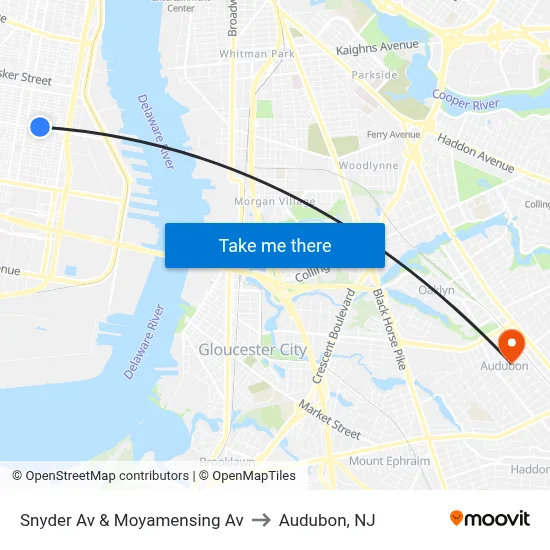 Snyder Av & Moyamensing Av to Audubon, NJ map