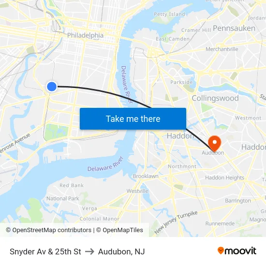 Snyder Av & 25th St to Audubon, NJ map