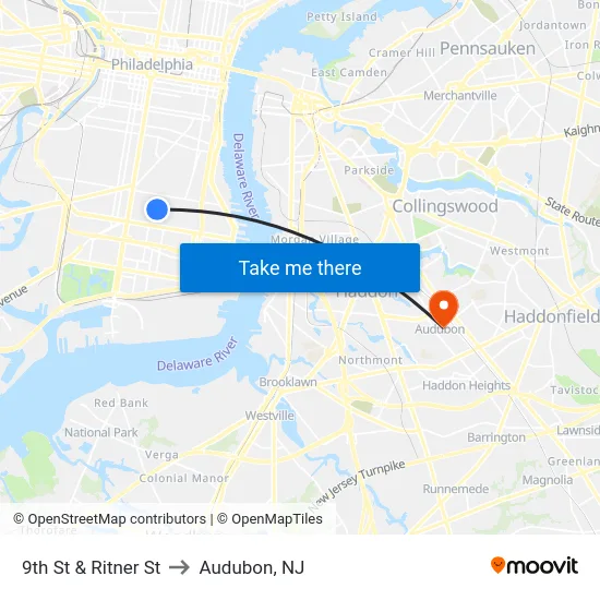 9th St & Ritner St to Audubon, NJ map