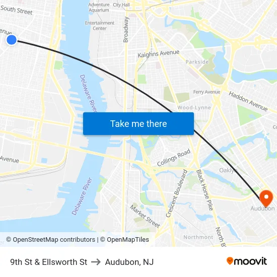 9th St & Ellsworth St to Audubon, NJ map