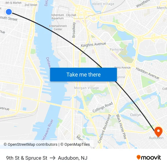 9th St & Spruce St to Audubon, NJ map