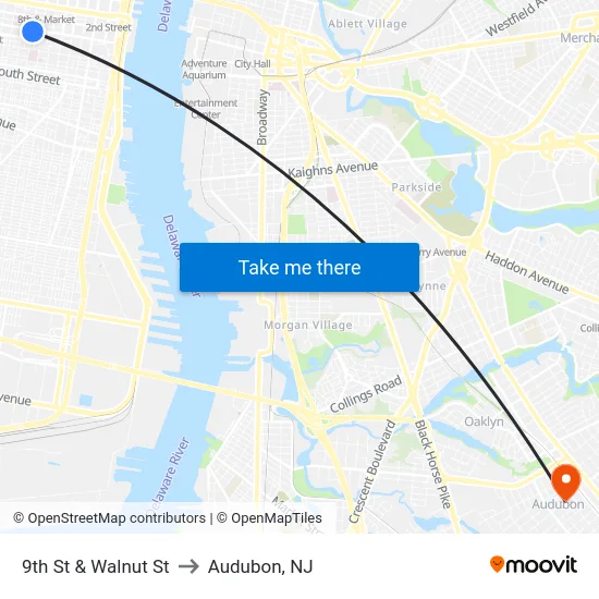 9th St & Walnut St to Audubon, NJ map