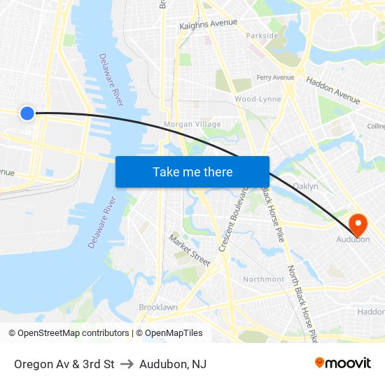 Oregon Av & 3rd St to Audubon, NJ map