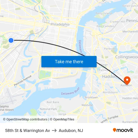 58th St & Warrington Av to Audubon, NJ map
