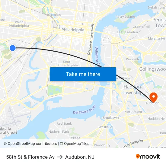 58th St & Florence Av to Audubon, NJ map