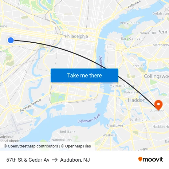 57th St & Cedar Av to Audubon, NJ map