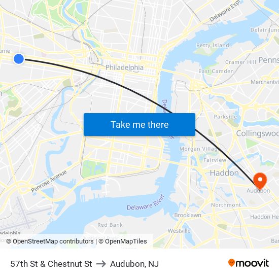 57th St & Chestnut St to Audubon, NJ map