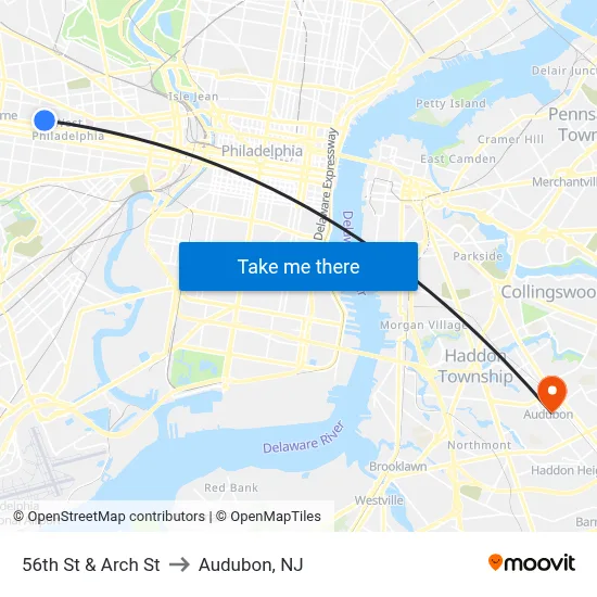 56th St & Arch St to Audubon, NJ map