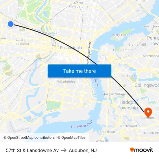 57th St & Lansdowne Av to Audubon, NJ map