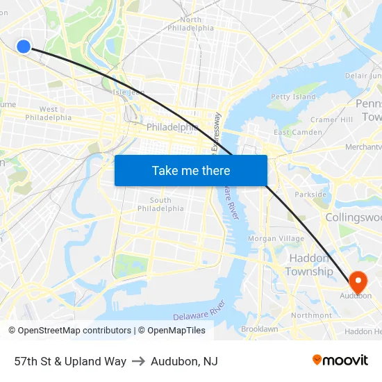 57th St & Upland Way to Audubon, NJ map