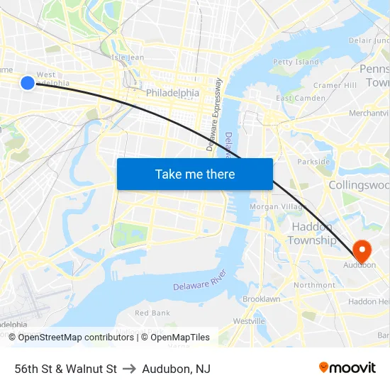 56th St & Walnut St to Audubon, NJ map