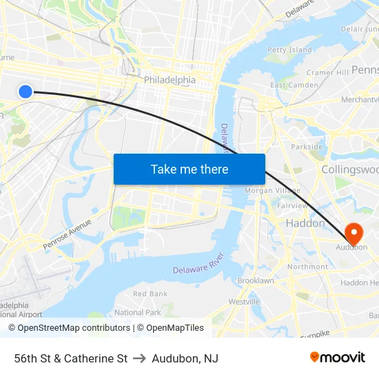 56th St & Catherine St to Audubon, NJ map