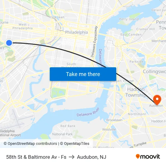 58th St & Baltimore Av - Fs to Audubon, NJ map