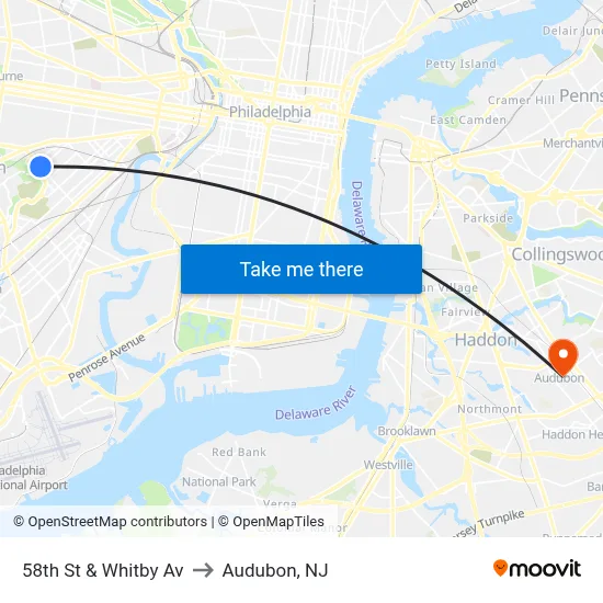58th St & Whitby Av to Audubon, NJ map