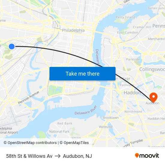 58th St & Willows Av to Audubon, NJ map