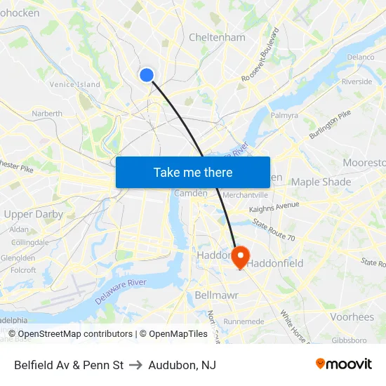Belfield Av & Penn St to Audubon, NJ map