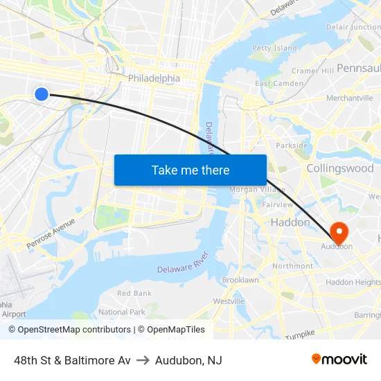 48th St & Baltimore Av to Audubon, NJ map