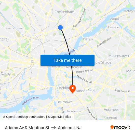 Adams Av & Montour St to Audubon, NJ map