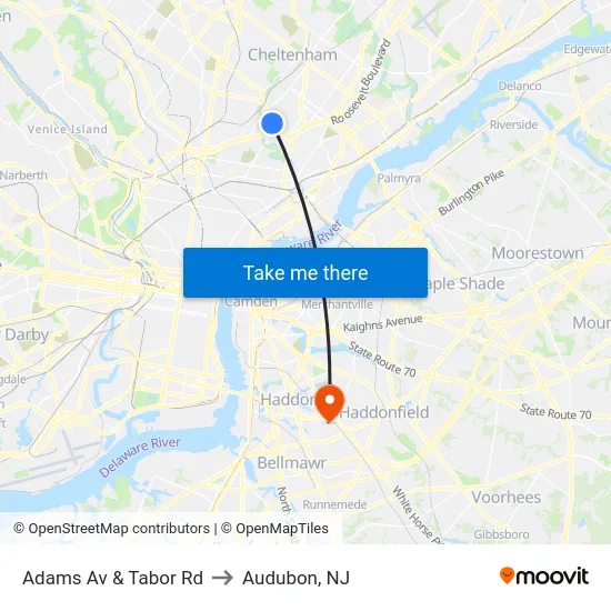 Adams Av & Tabor Rd to Audubon, NJ map