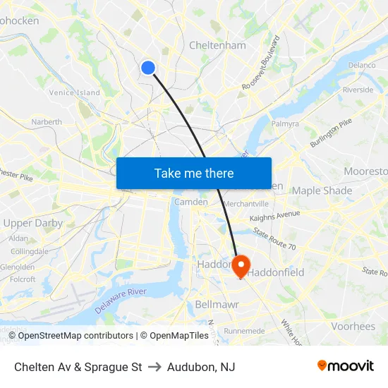 Chelten Av & Sprague St to Audubon, NJ map