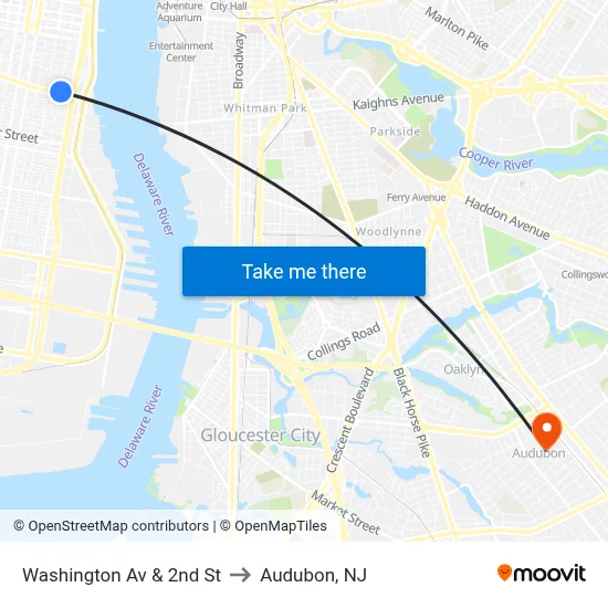 Washington Av & 2nd St to Audubon, NJ map