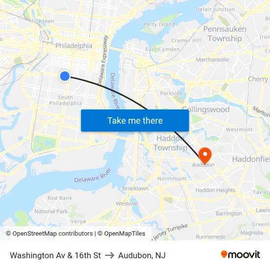Washington Av & 16th St to Audubon, NJ map