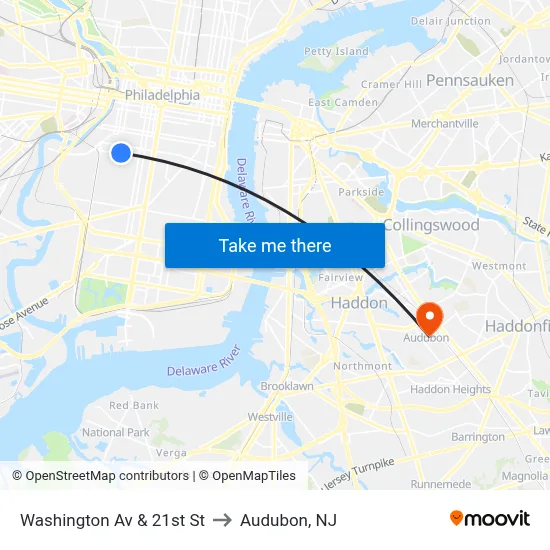 Washington Av & 21st St to Audubon, NJ map