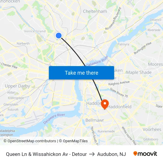 Queen Ln & Wissahickon Av - Detour to Audubon, NJ map