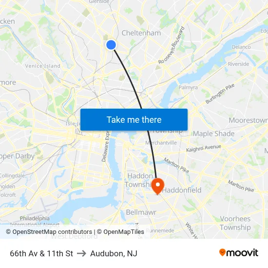 66th Av & 11th St to Audubon, NJ map