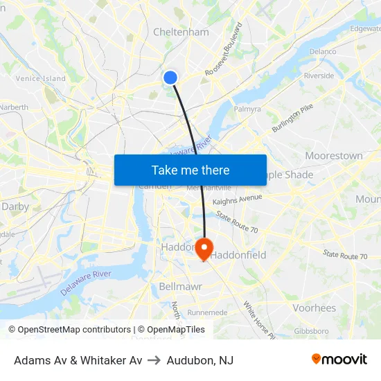 Adams Av & Whitaker Av to Audubon, NJ map