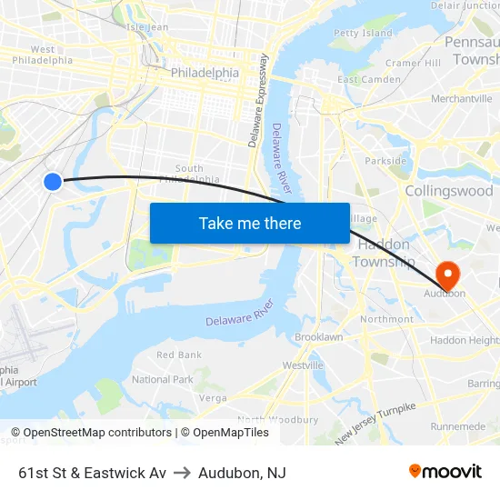 61st St & Eastwick Av to Audubon, NJ map