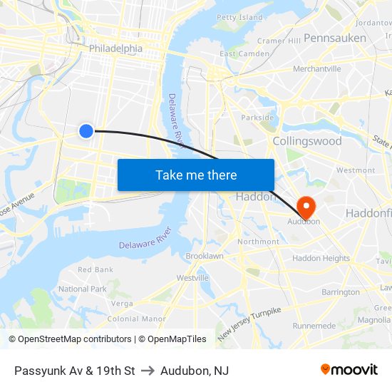 Passyunk Av & 19th St to Audubon, NJ map