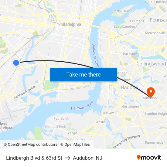 Lindbergh Blvd & 63rd St to Audubon, NJ map