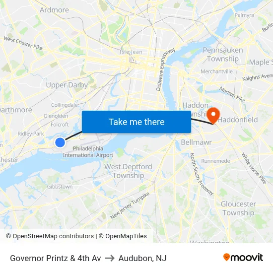 Governor Printz & 4th Av to Audubon, NJ map