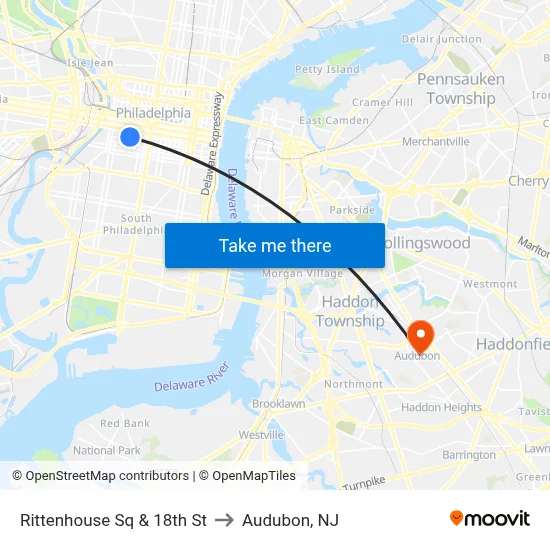 Rittenhouse Sq & 18th St to Audubon, NJ map