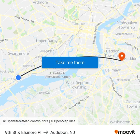 9th St & Elsinore Pl to Audubon, NJ map