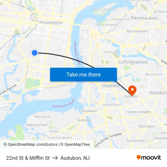 22nd St & Mifflin St to Audubon, NJ map