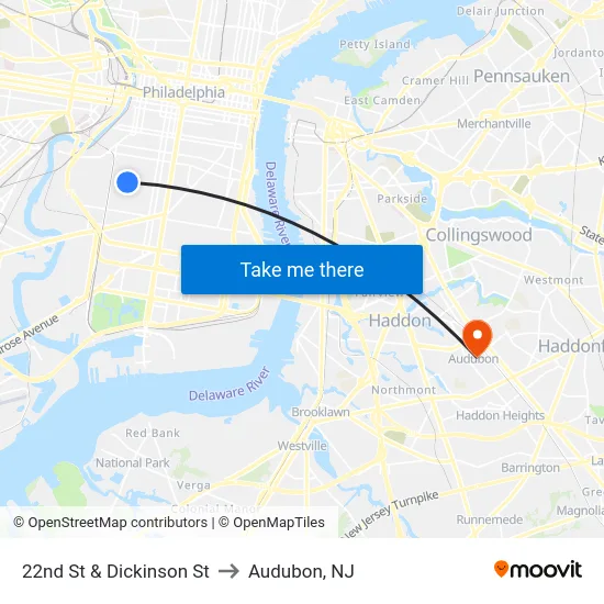 22nd St & Dickinson St to Audubon, NJ map