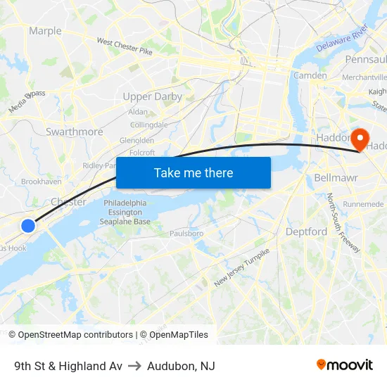 9th St & Highland Av to Audubon, NJ map