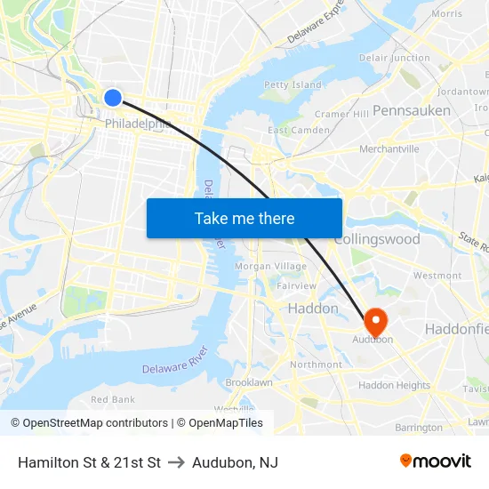 Hamilton St & 21st St to Audubon, NJ map