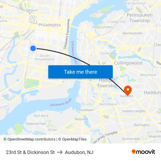 23rd St & Dickinson St to Audubon, NJ map