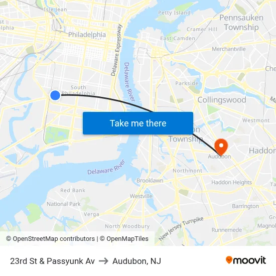 23rd St & Passyunk Av to Audubon, NJ map