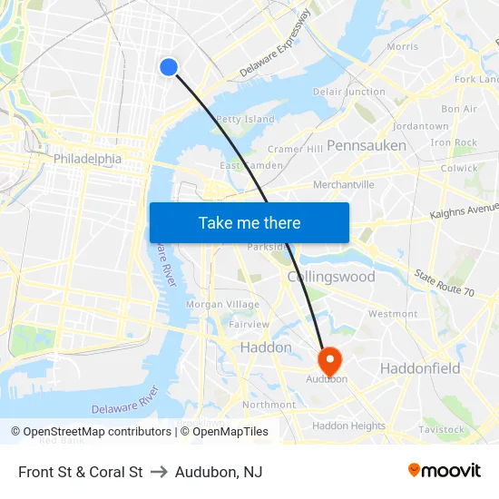 Front St & Coral St to Audubon, NJ map