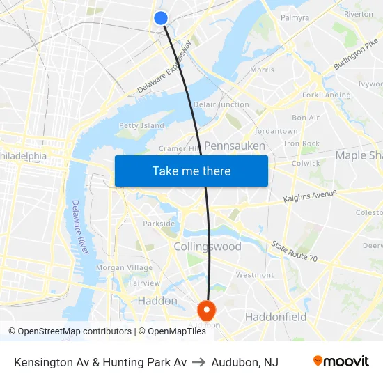 Kensington Av & Hunting Park Av to Audubon, NJ map
