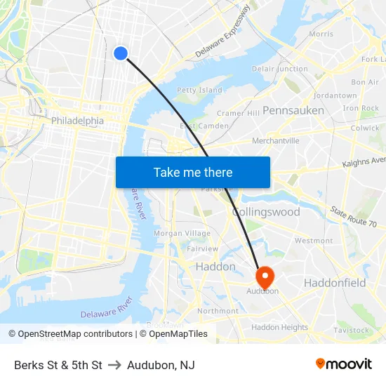 Berks St & 5th St to Audubon, NJ map
