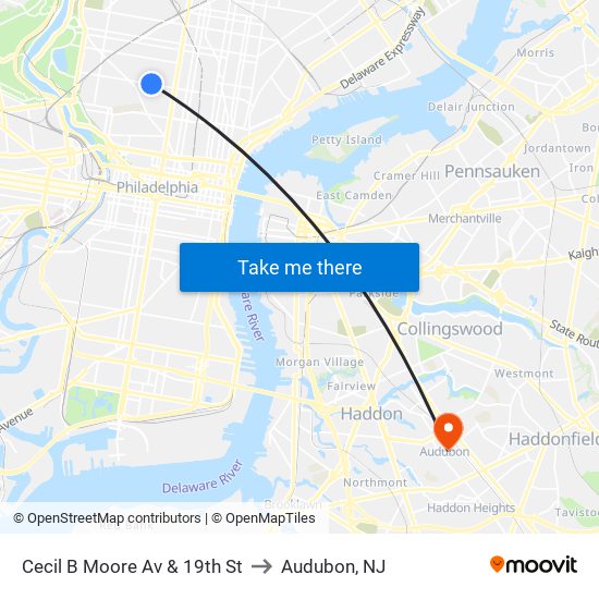 Cecil B Moore Av & 19th St to Audubon, NJ map