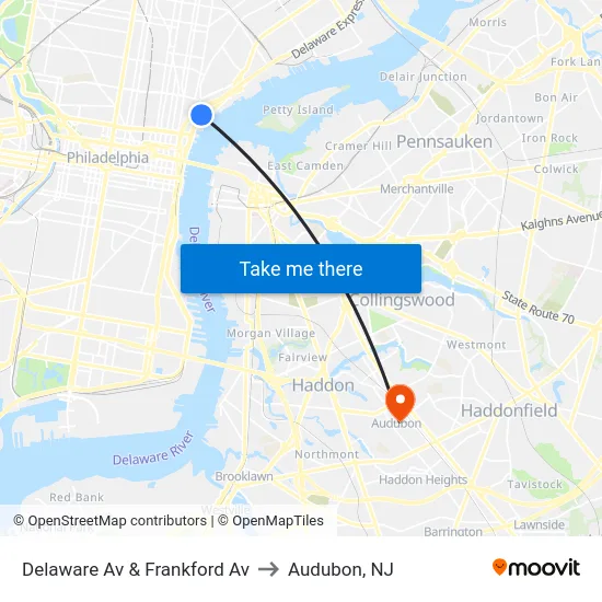 Delaware Av & Frankford Av to Audubon, NJ map