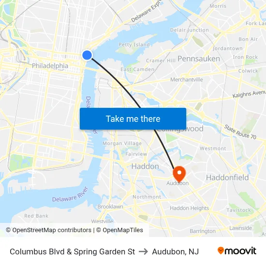 Columbus Blvd & Spring Garden St to Audubon, NJ map