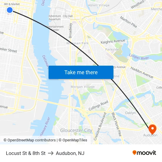 Locust St & 8th St to Audubon, NJ map